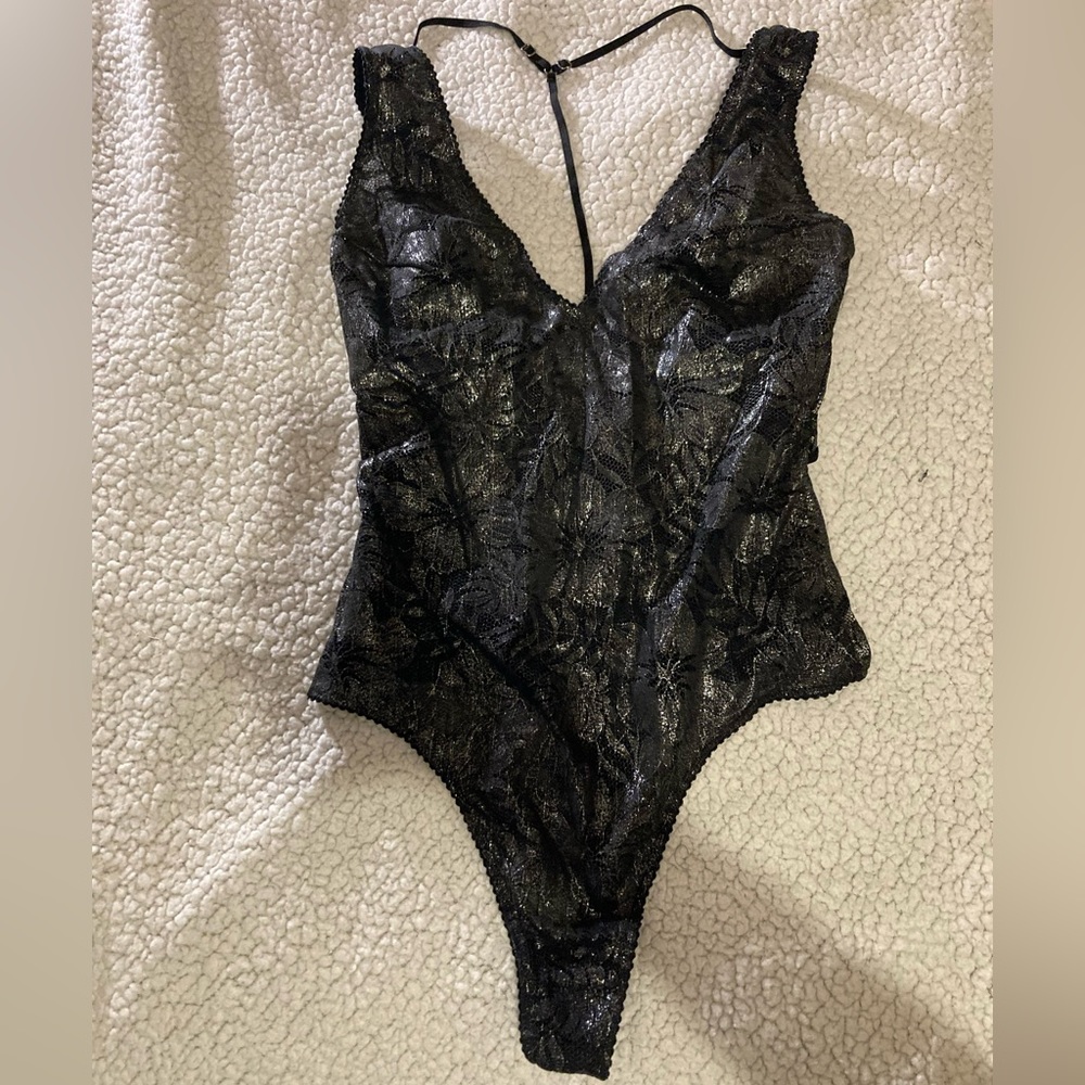 Victoria’s Secret Very Sexy Palm Lace Black Silver Bodysuit Teddy - Size Medium